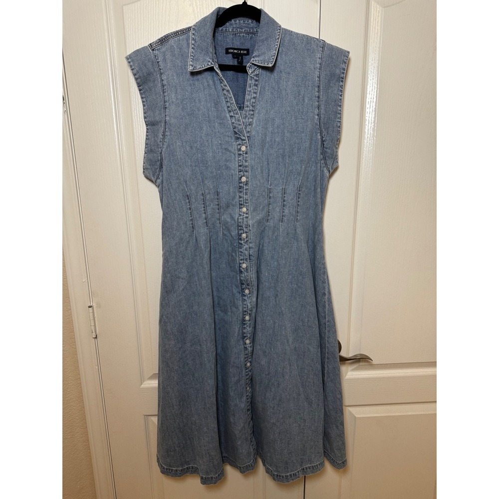 Veronica Beard Ruben Blue Denim Midi Shirtdress Sleeveless Pintuck Waist Size 16 - Picture 2 of 7